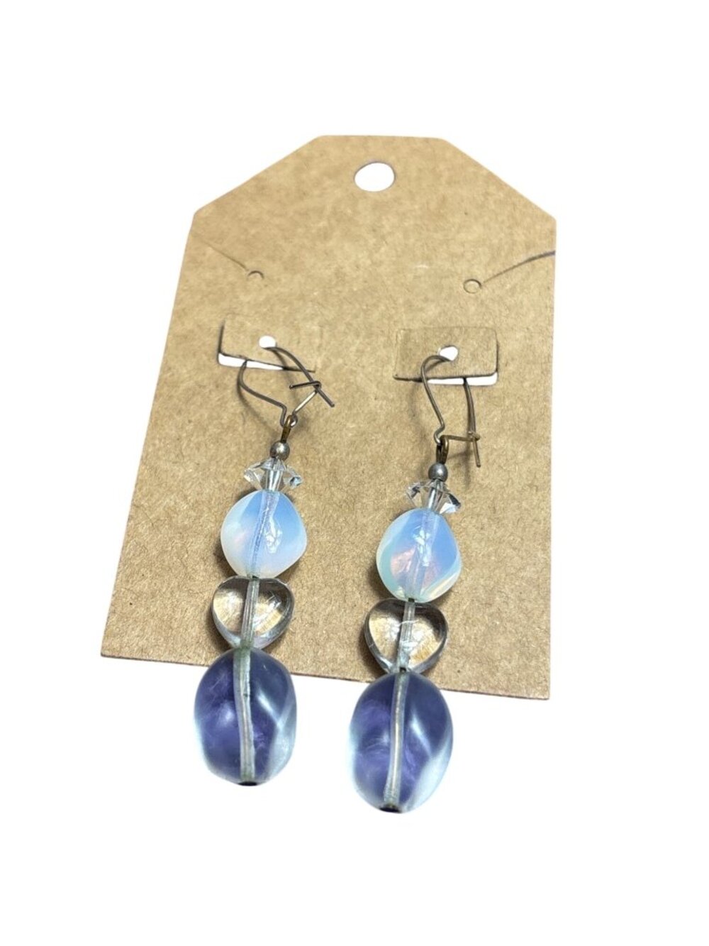 Clear and Opalite Glass Beaded Dangle Earrings Goldtone 1.5 inches